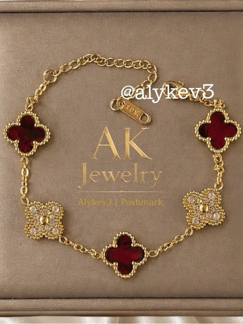 💎18k RUBY RED LUXURY QUATREFOIL Clover 5 Motif Bracelet, Pave and Ruby Red GP